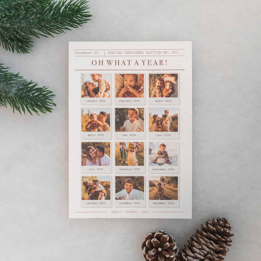 Coole Weihnachtskarte im Zeitungslook mit zwölf Familienfotos als Jahresrückblick